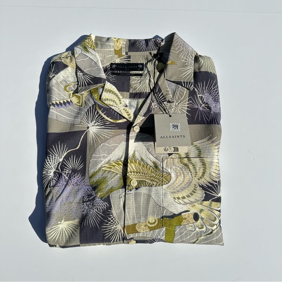 AllSaints Sebastian Floral Print Relaxed Fit Shirt Milky Grey XXL - Picture 8 of 8